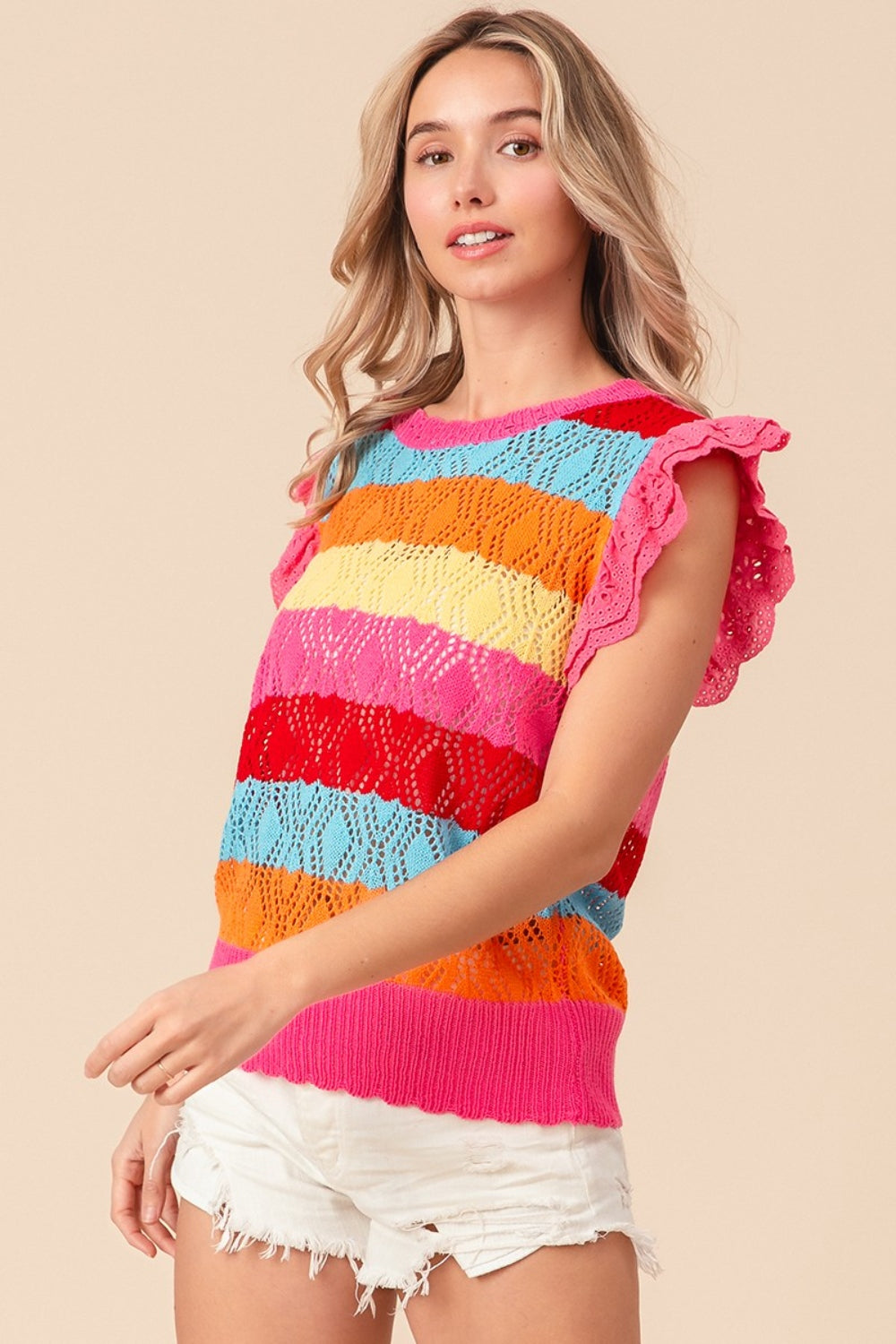 BiBi Pointelle Striped Ruffled Knit Top BiBi Pointelle Striped Ruffled Knit Top